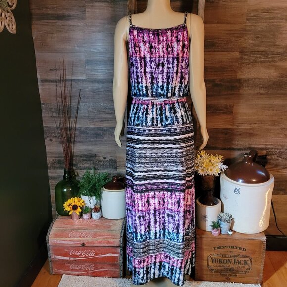 cato Watercolor Maxi Dress M Slinky Knit Stretch Waist Colorful Boho - Picture 5 of 12